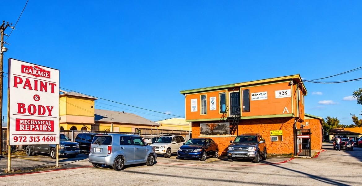 Angel's Garage paint, body and mechanical repair shop and car lot at 828 N Belt Line Rd in Irving